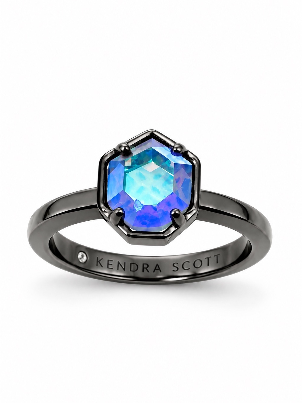 Kendra Scott Iridescent Hexagon Ring with Gunmetal Band. SZ 6